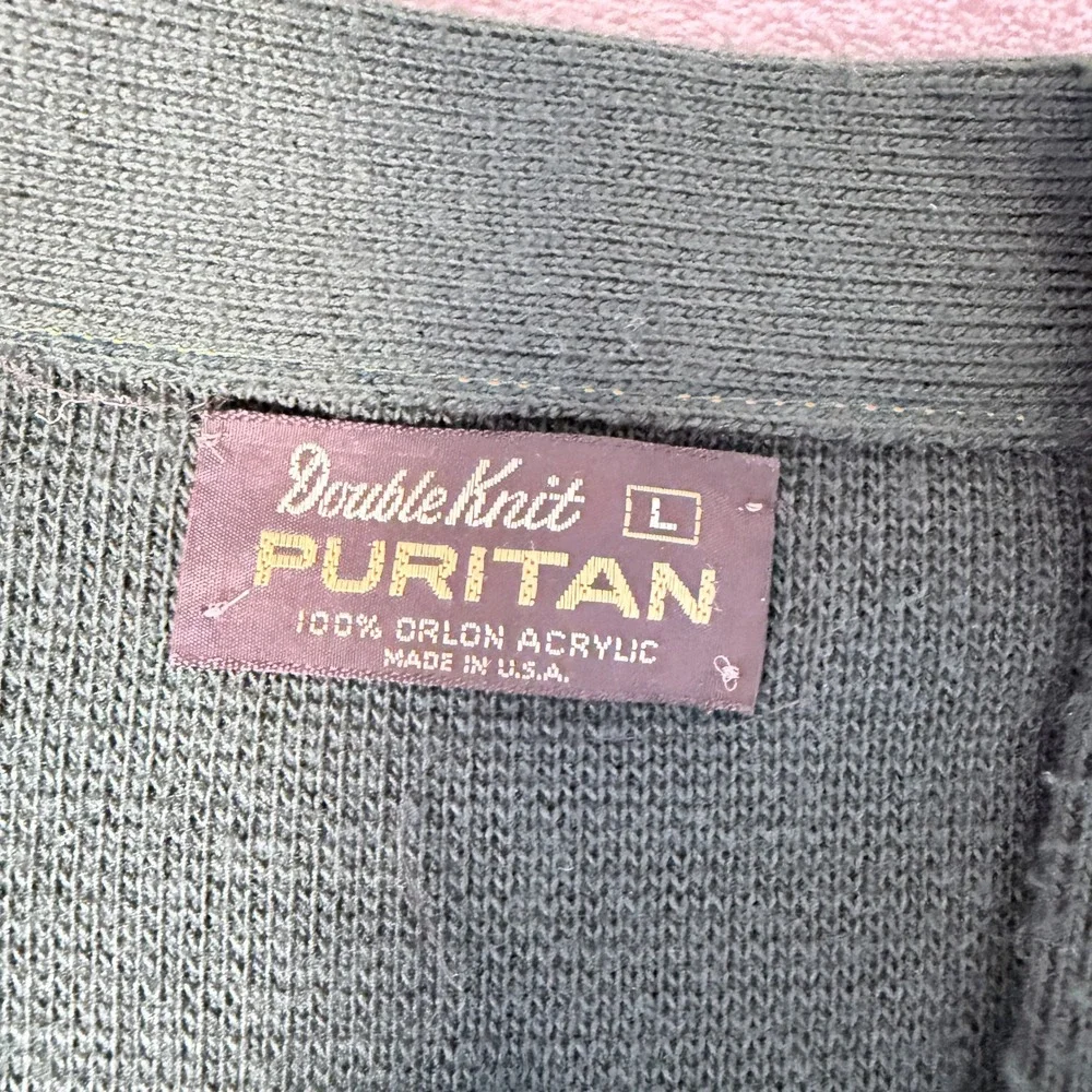 Vintage L Puritan Double Knit Cardigan Sweater Green Yellow Trim Orlon USA